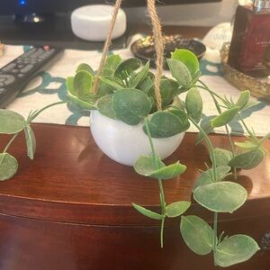 Hanging White Planter with Green Faux Leaves